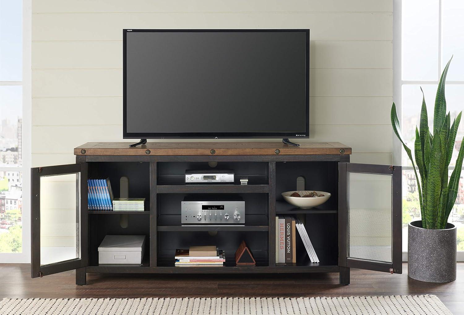 TV Stand with 2 Doors and Open Cubbies, Brown and Black- Saltoro Sherpi