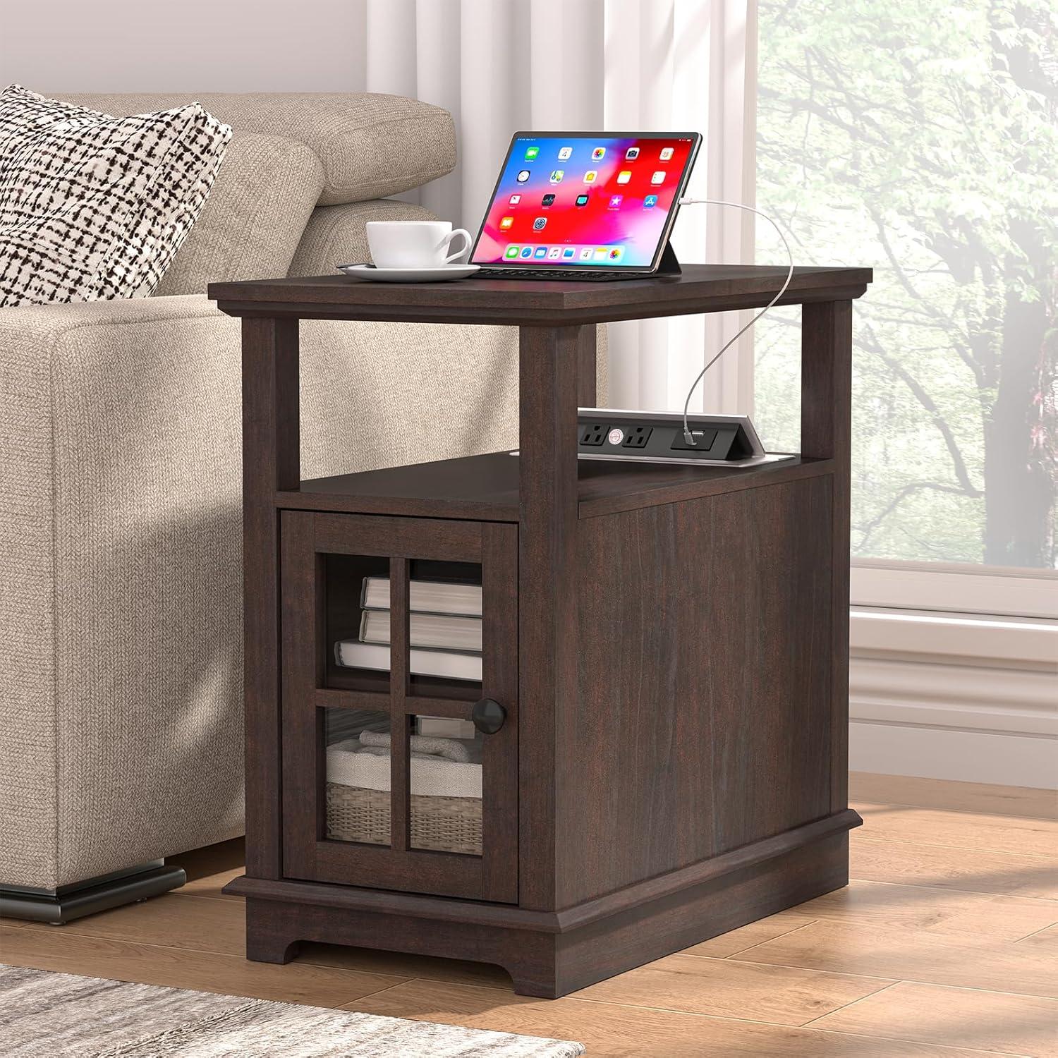 Espresso Wood End Table with Charging Station and Storage