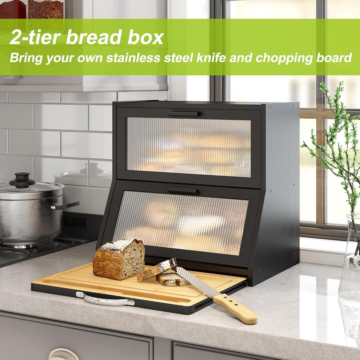 Prep & Savour Large Bread Box For Kitchen Counter, Bamboo Wooden Double Layer Large Capacity Bread Storage Bin With Acrylic Wavy Door Panel (Natural + Cutting Board)