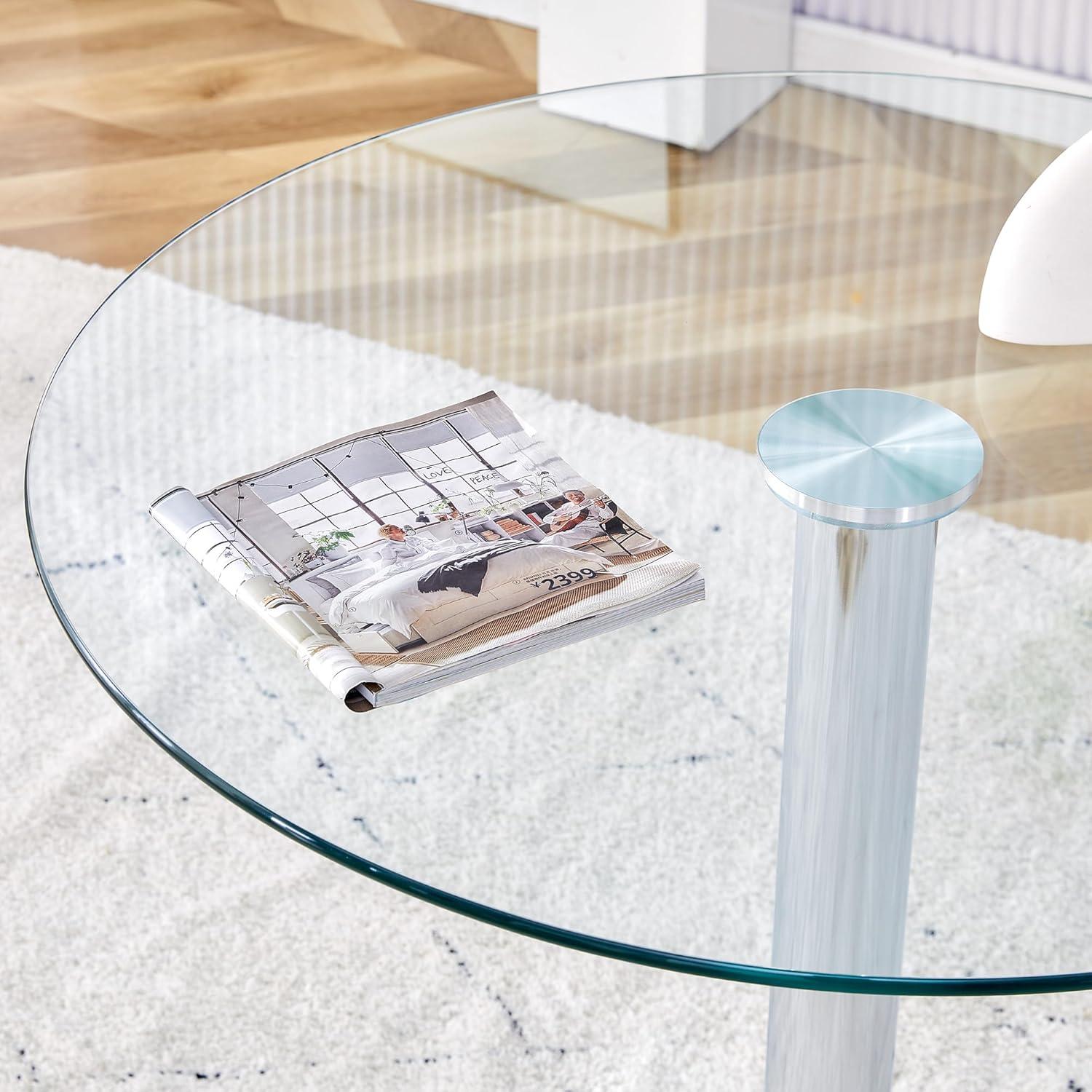 35" Round Glass Dining Table with Silver Metal Base