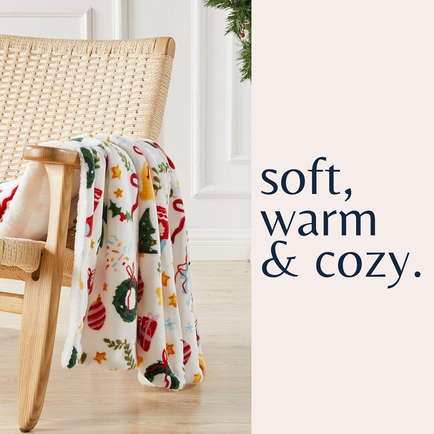 Great Bay Home Holiday Printed Plush / Sherpa Throw Blanket, 50" x 60", Celebration
