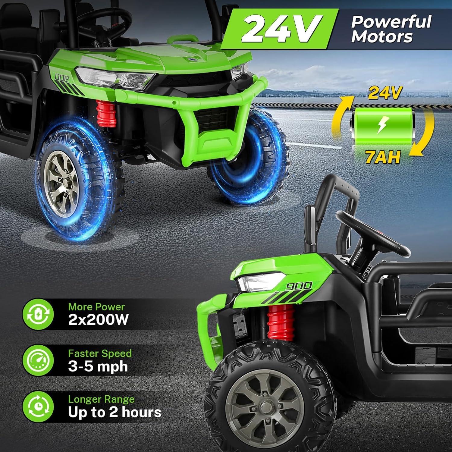 VIBESPARK 24 Volt Ride on Toys with Dump Bed, 2-Seater Ride on Dump Truck, 2×200W Electric Car for Kids Ride on UTV w/ Remote Control, Shovel, Bluetooth, Music, LED Light, 5MPH, Blue