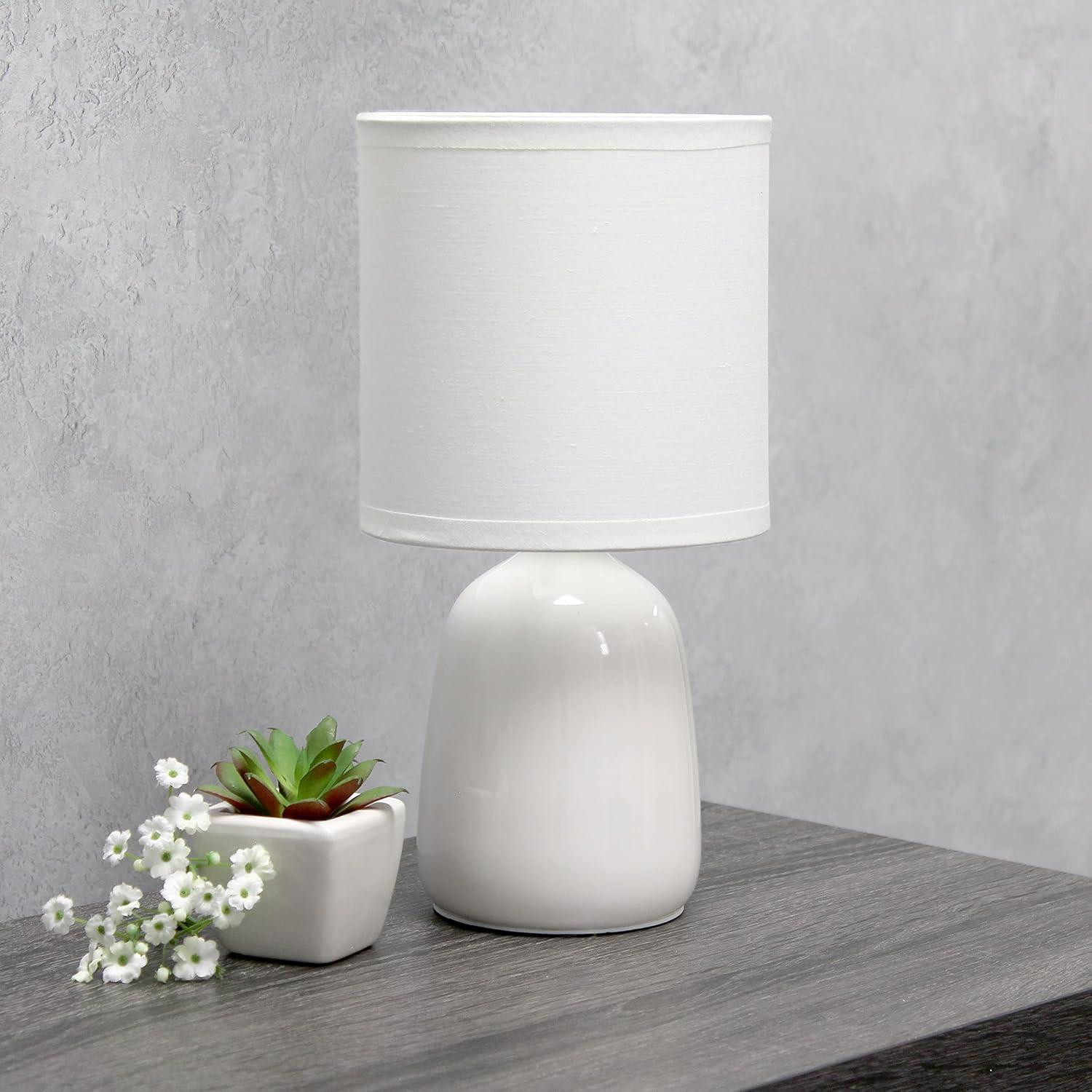 Simple Designs 10.04" Tall Traditional Ceramic Thimble Base Bedside Table Desk Lamp with Matching Fabric Shade for Home Decor, Nightstand, Bedroom, Living Room, Entryway, Office, Off White