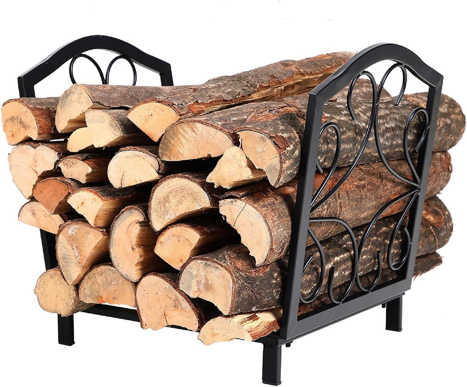 PHI VILLA 17 Inch Small Firewood Log Rack Decorative Indoor/Outdoor Steel Wood Storage Log Rack Wood Holder Circle Design, Black