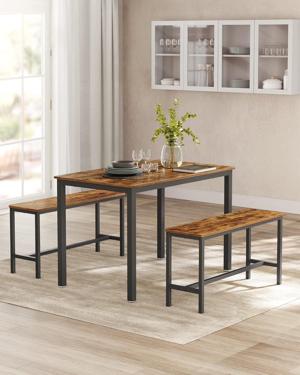 Rustic Brown and Black 3-Piece Dining Table Set with Benches