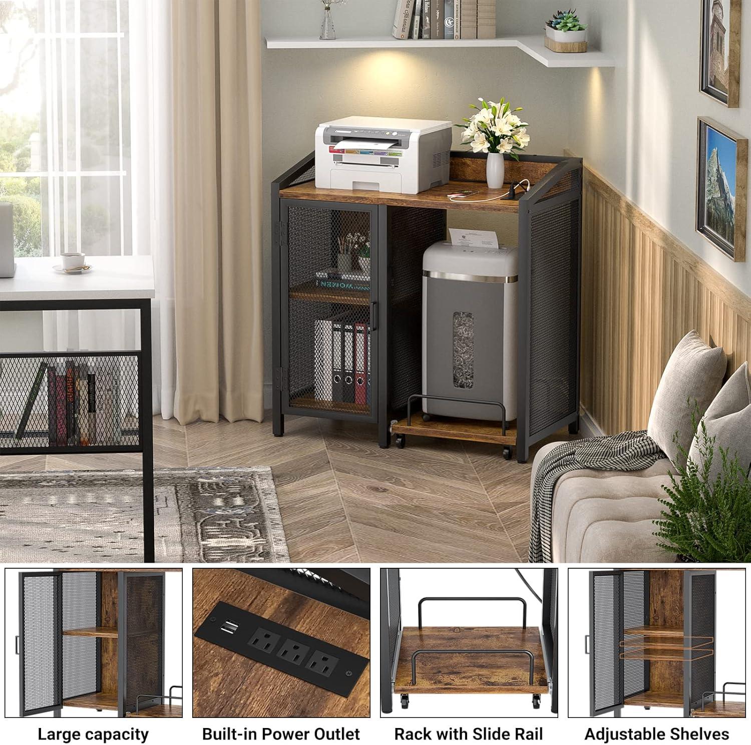 Rustic Brown 3-Tier Office Filing Cabinet with USB Ports