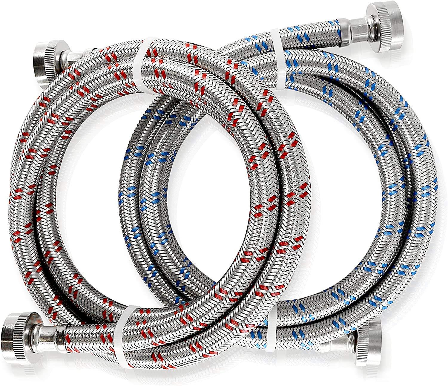 K&J Premium 4ft Stainless Steel Washing Machine Hoses Burst Proof 2 Pack - Hot and Cold Water Supply Hoses for Washing Machines