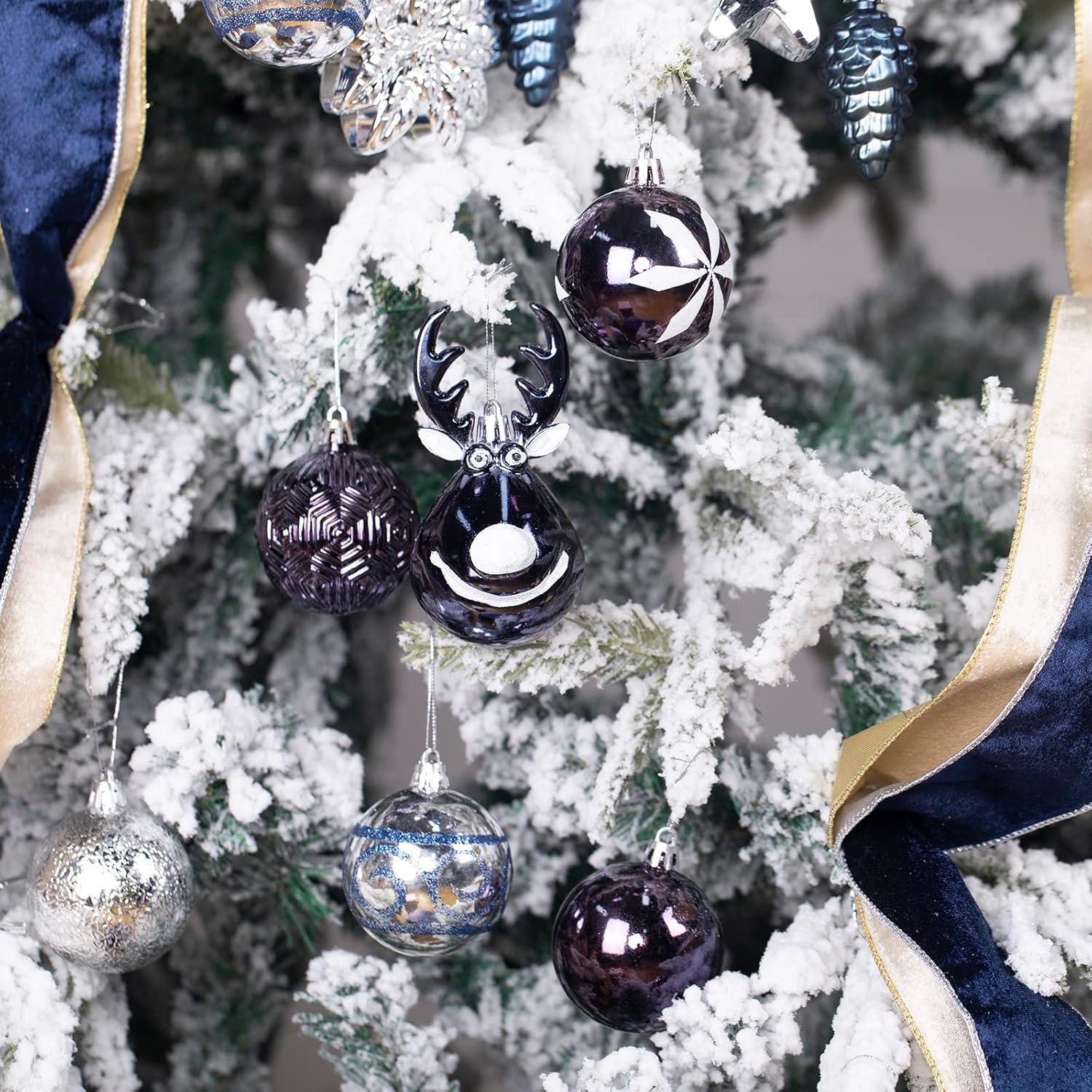 Navy Blue and White Shatterproof Plastic Christmas Ball Ornaments Set