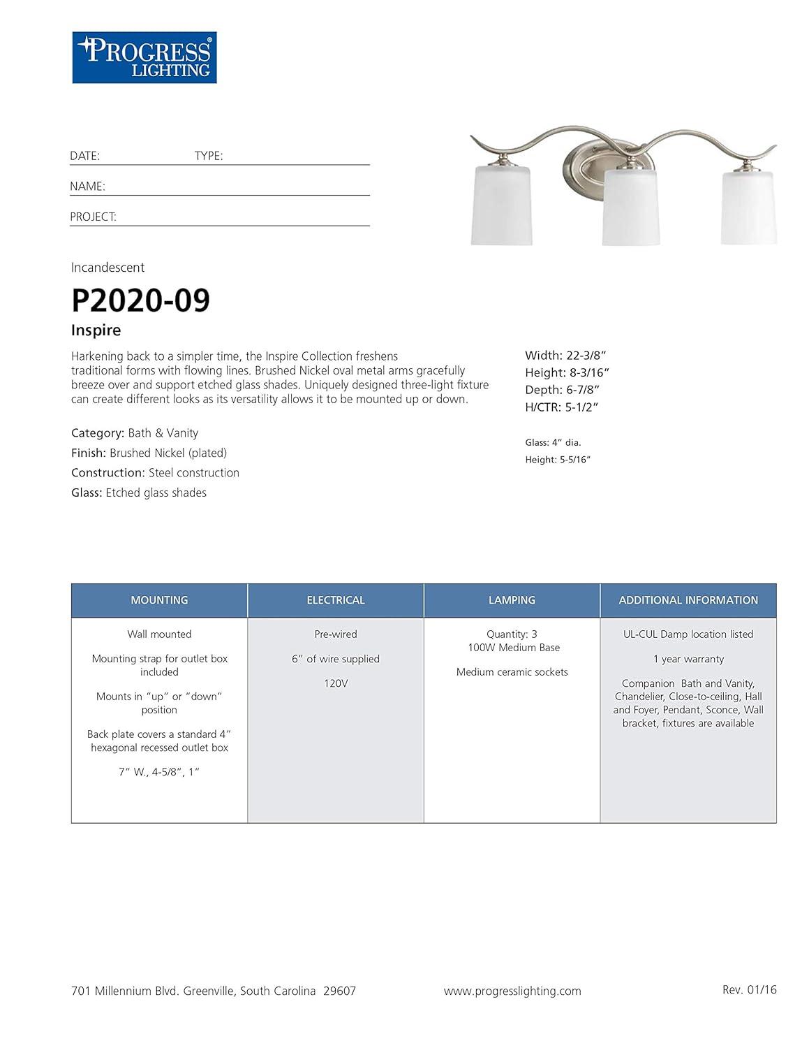 Progress Lighting Inspire 3-Light Wall Light, Brushed Nickel, Etched Glass Shade