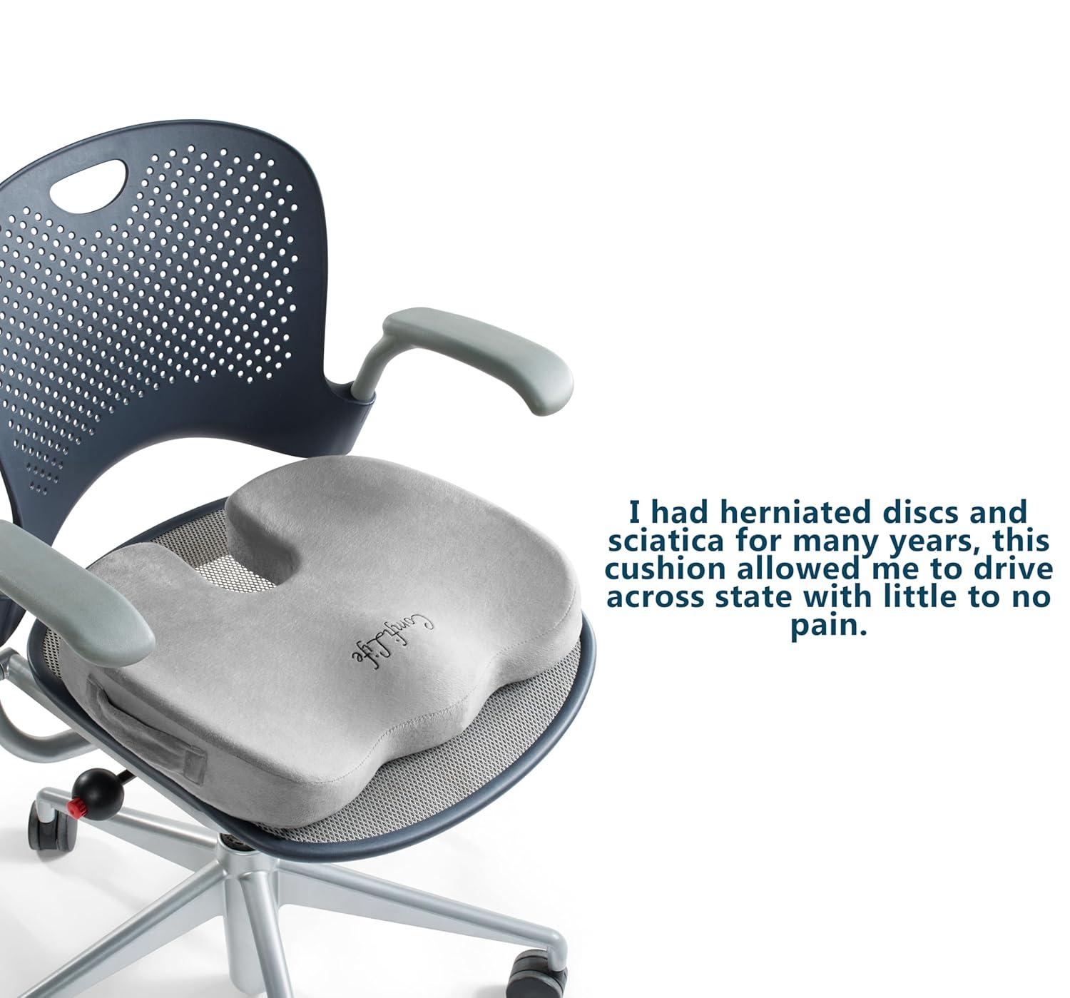 ComfiLife Premium Comfort Seat Cushion - Non-Slip Orthopedic 100% Memory Foam Coccyx Cushion for Tailbone Pain - Cushion for Office Chair Car Seat - Back Pain & Sciatica Relief (Gray)
