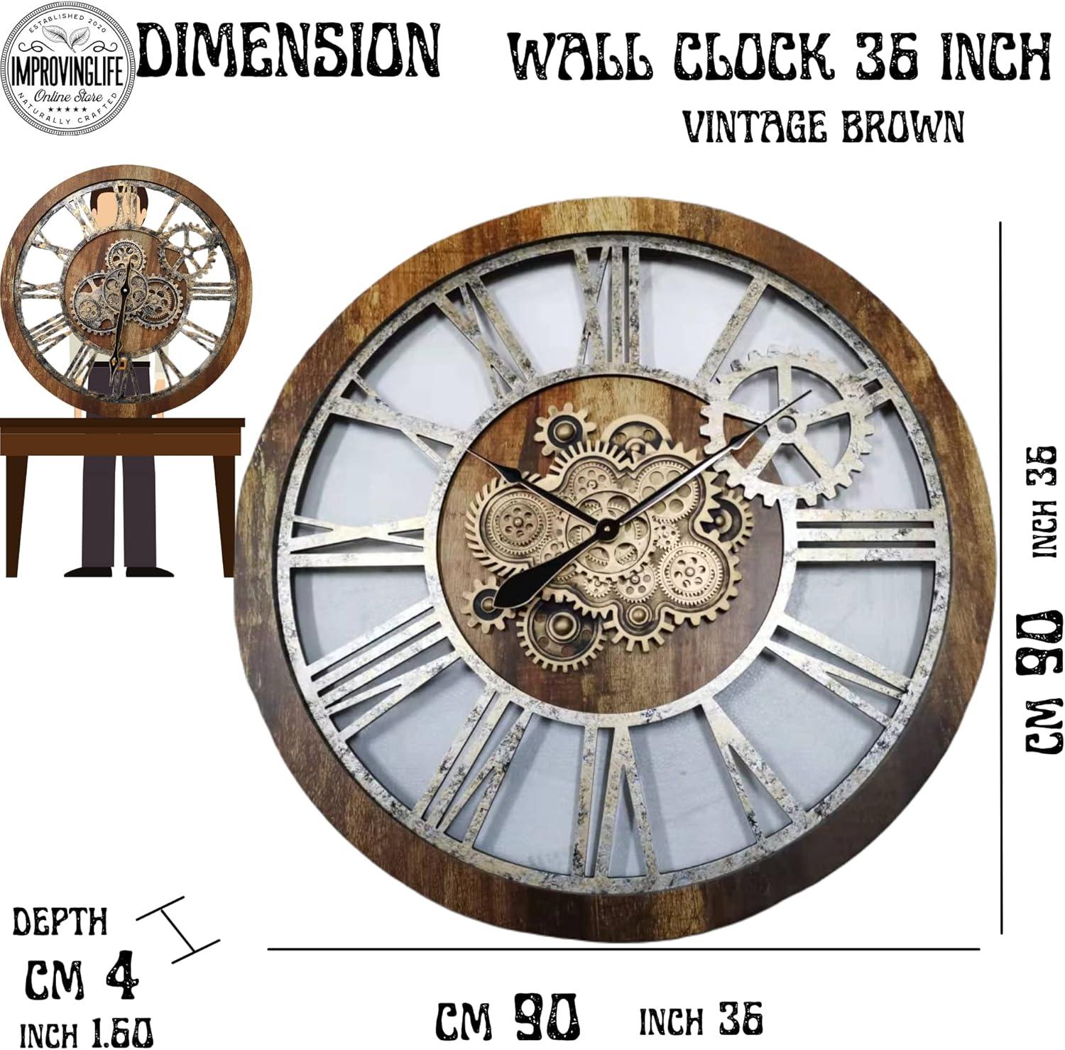 The Gears Clock Wall Clock 36" Round Oversized for Living Room decor with Real Moving Gears America Collection