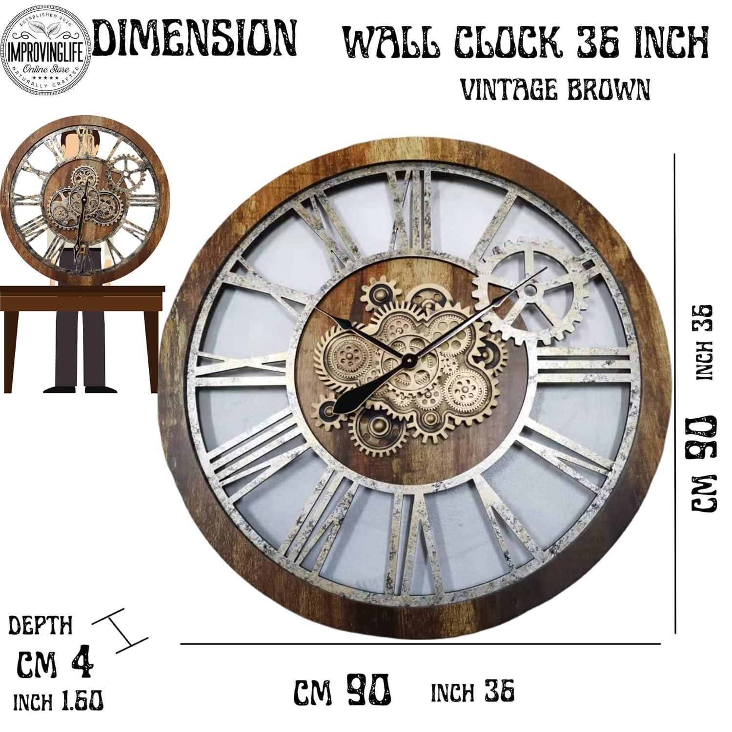 The Gears Clock Wall Clock 36" Round Oversized for Living Room decor with Real Moving Gears America Collection