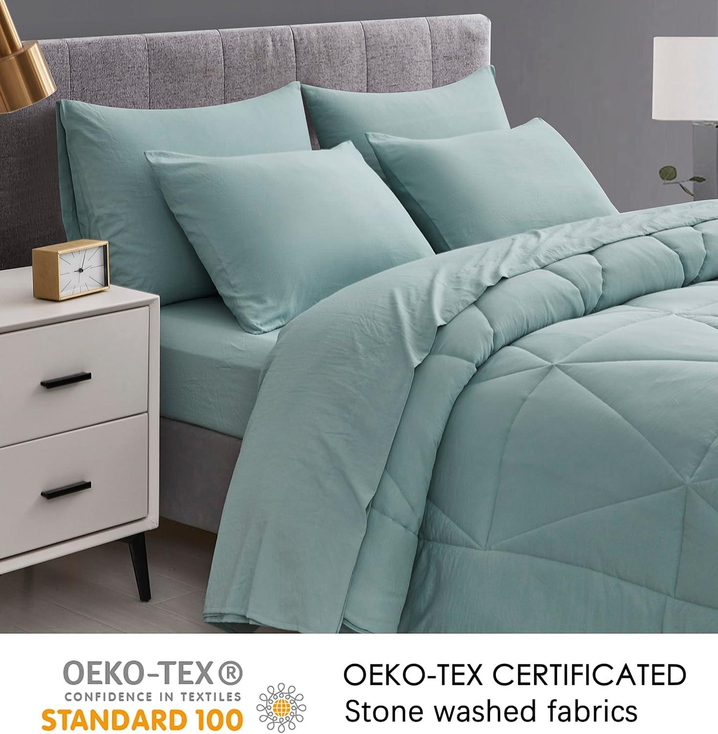 Chezmoi Collection Jasper 7-Pieces Bed in a Bag Comforter Set with Sheets, Geometric Triangle Quilted Double Brushed Microfiber Lightweight All Season Bedding Set, Full, Aqua