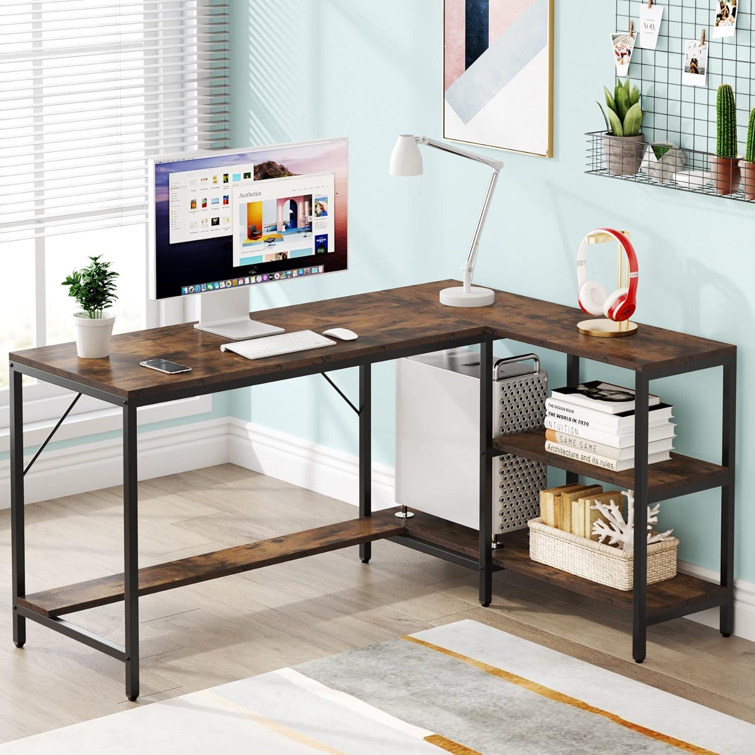 Rustic Brown L-Shaped Engineered Wood Gaming Desk with Shelves