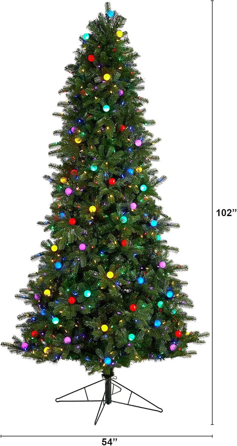 Nearly Natural Montana Mountain Fir Artificial Christmas Tree with Multi Color LED Lights and Instant Connect Technology, Globe Bulbs and Bendable Branches-Size:102 inch