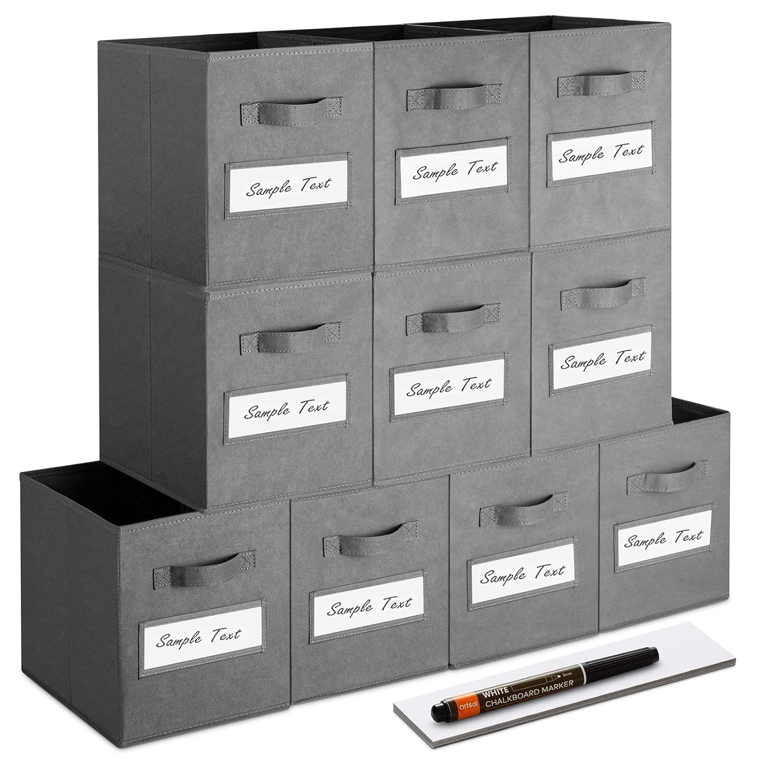 artsdi 11 Inch Storage Cube,Storage bin (Set of 10) Foldable Fabric Cube Storage Bins with 10 Labels Window Cards & a Pen,Baskets Containers for Shelves,Closet Organizers Box for Home & Office,Gray