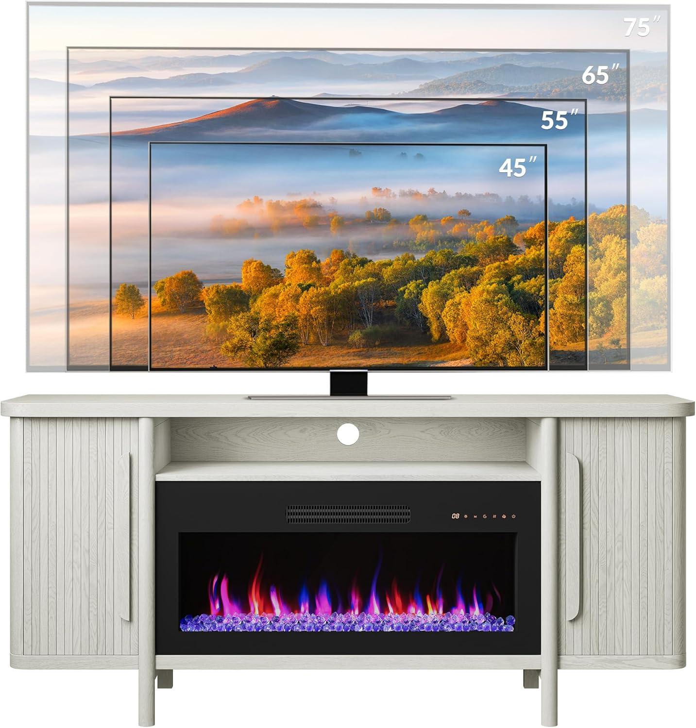 White 66" Wood TV Stand with Electric Fireplace and Cabinets