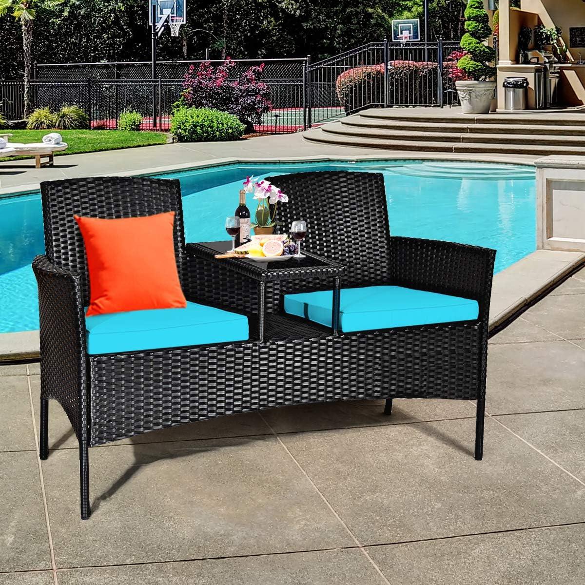 Resenkos Wicker Patio Conversation Furniture Set with Seat , Balcony Furniture Outdoor Rattan Patio Conversation Set with Removable Cushions and Table-Turquoise