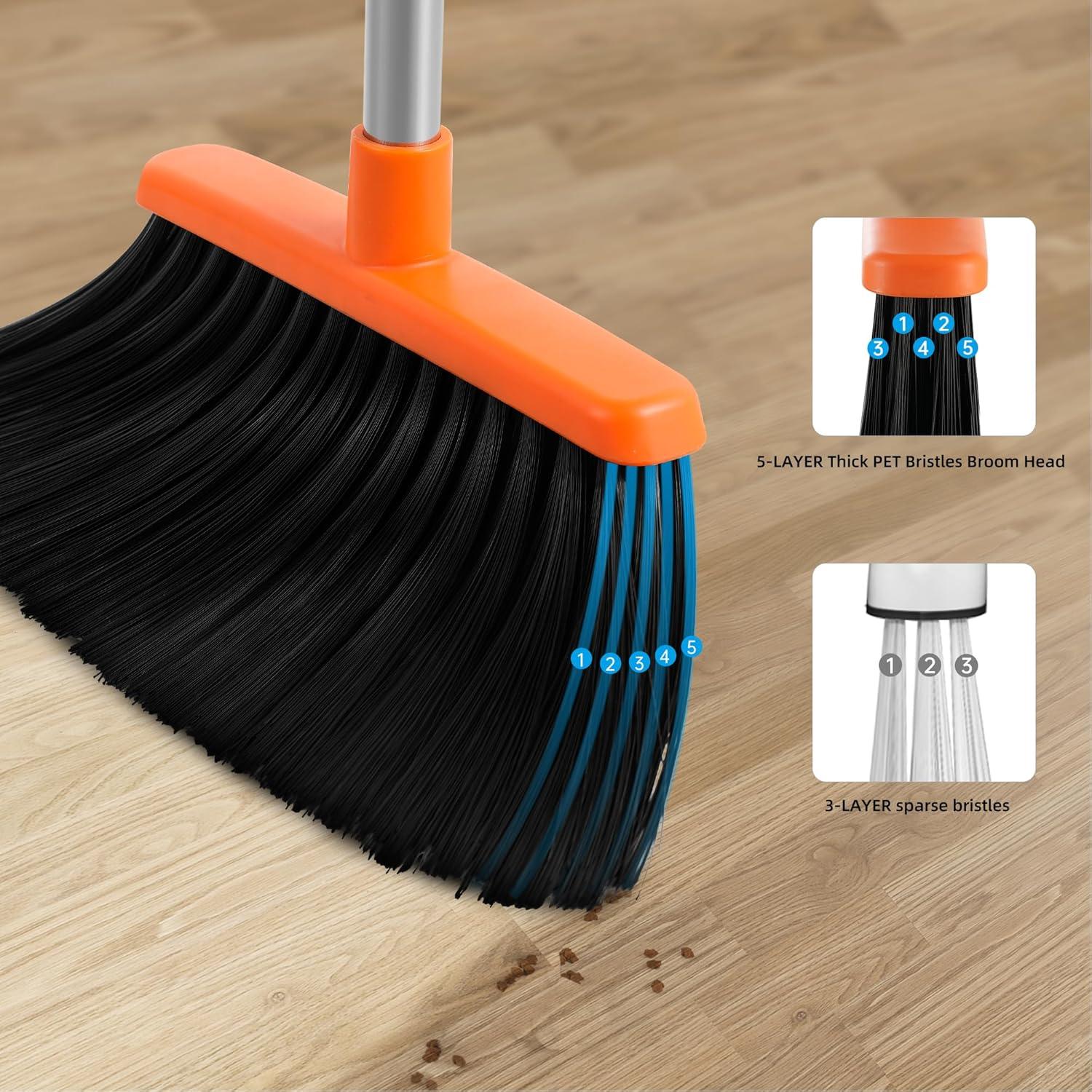 Adjustable Stainless Steel Broom and Dustpan Set with Orange Handle