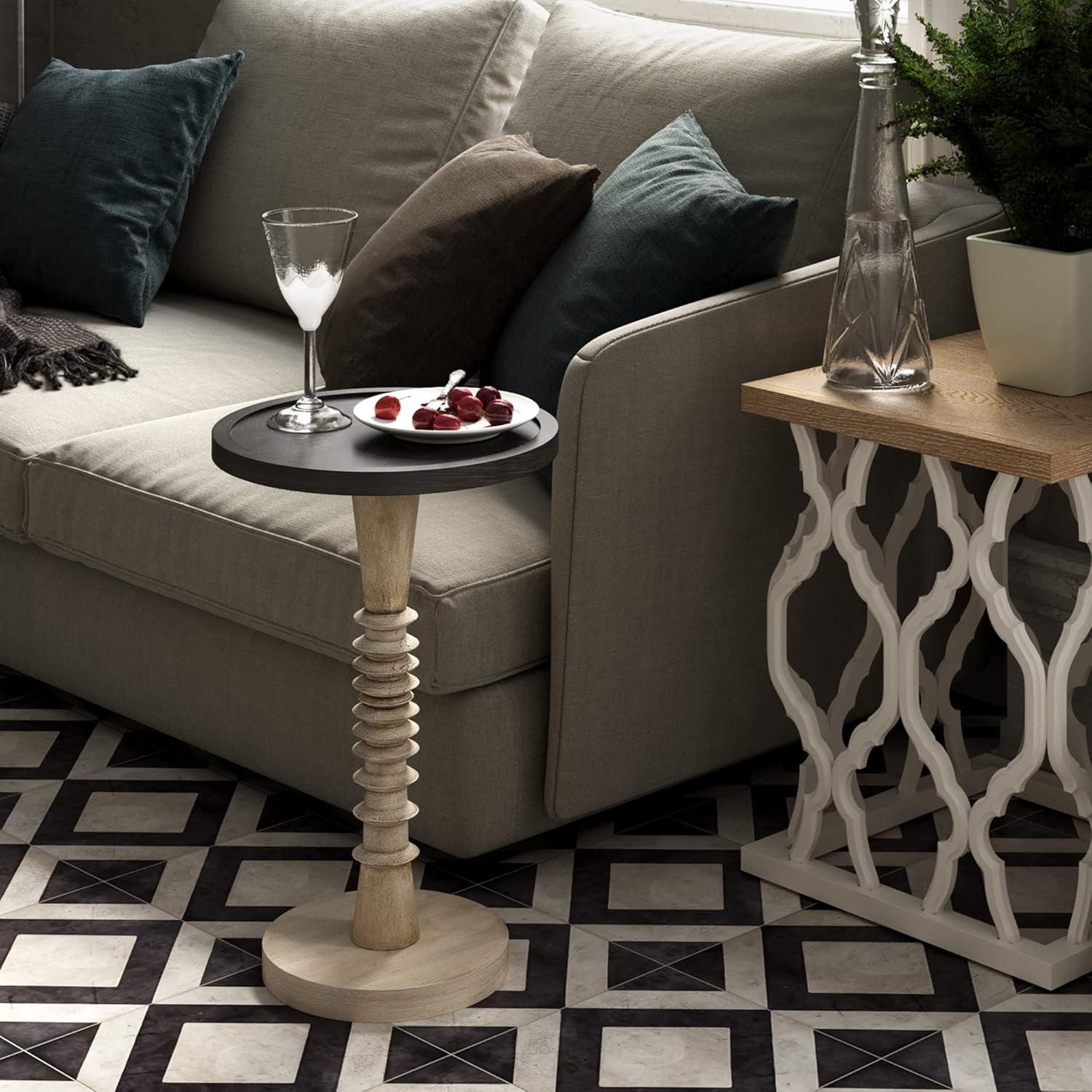 STKT Pedestal Small Drinking Table, Farmhouse Round Tray Top End Table, Black&White