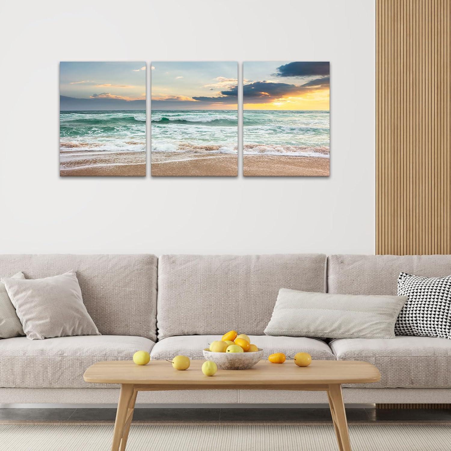 Asdg12s-3 Panel Wall Art Blue Sea Sunset White Beach Painting The Picture Print On Canvas Seascape The Pictures for Home Decor Decoration,Ready to Hang