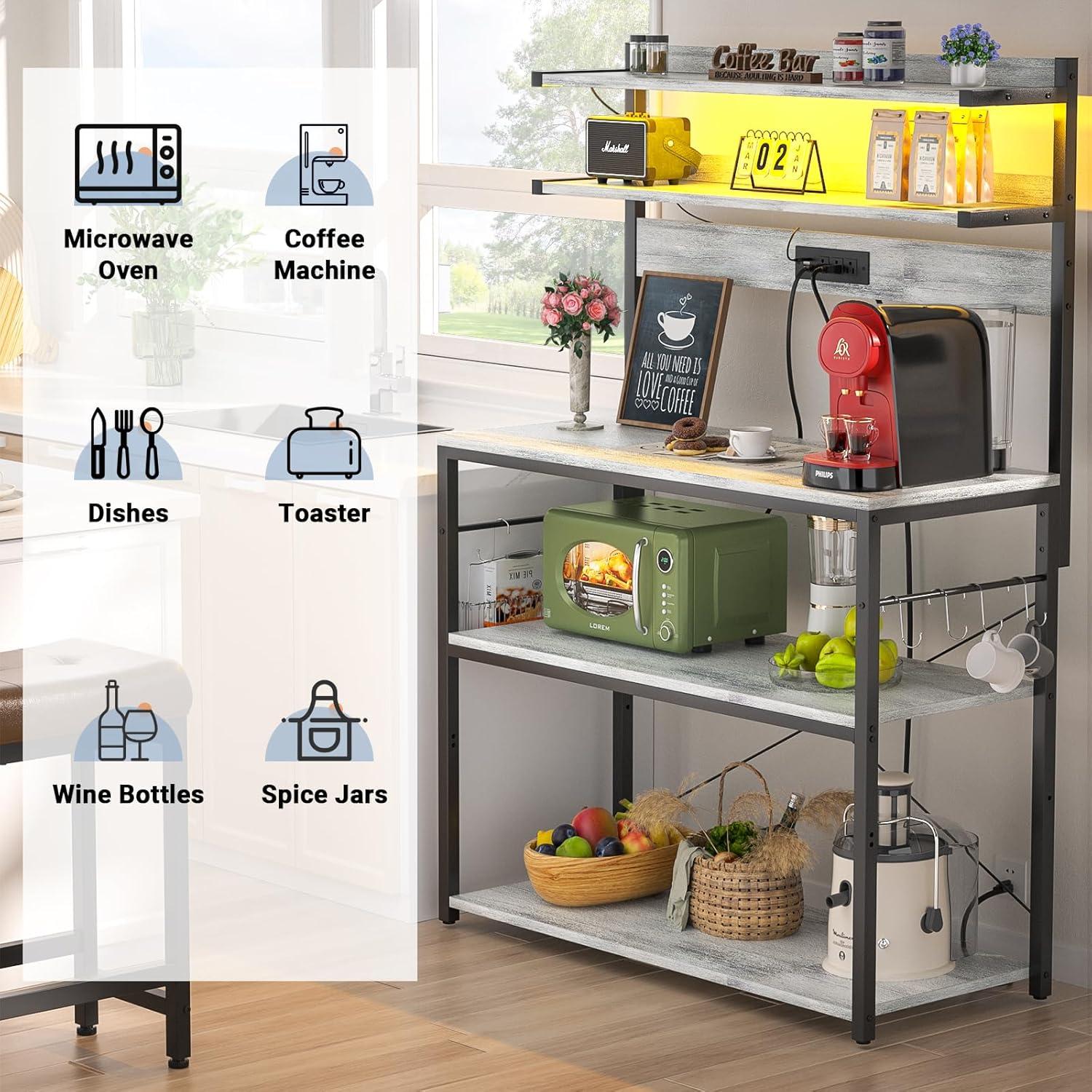 White Oak Kitchen Bakers Rack with LED Lights and Power Outlets