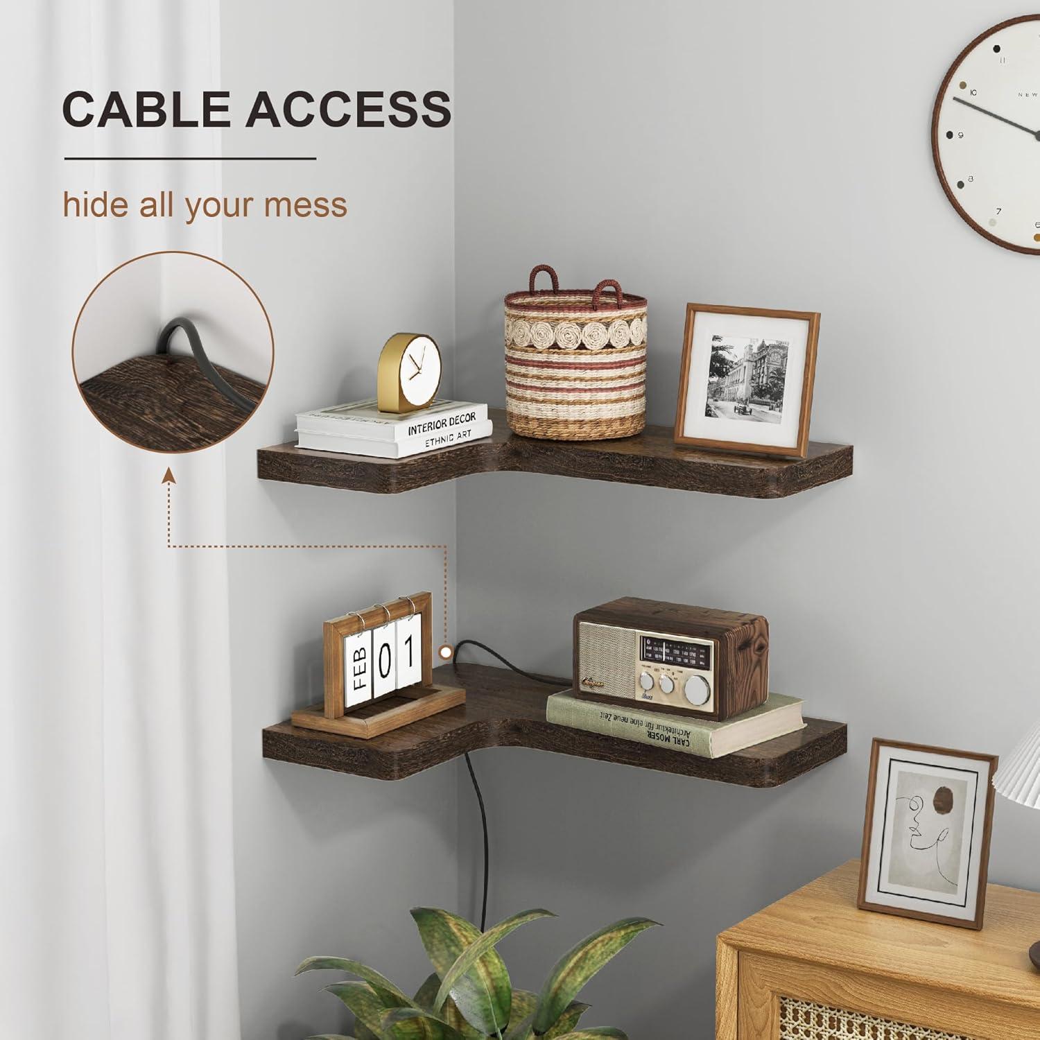Homode Corner Floating Shelves, Corner Shelves Wall Mounted with Cord Hole, Set of 3 L Shape Wood Wall Storage Shelves for Living Room Bedroom Bathroom Kitchen, Rustic Brown