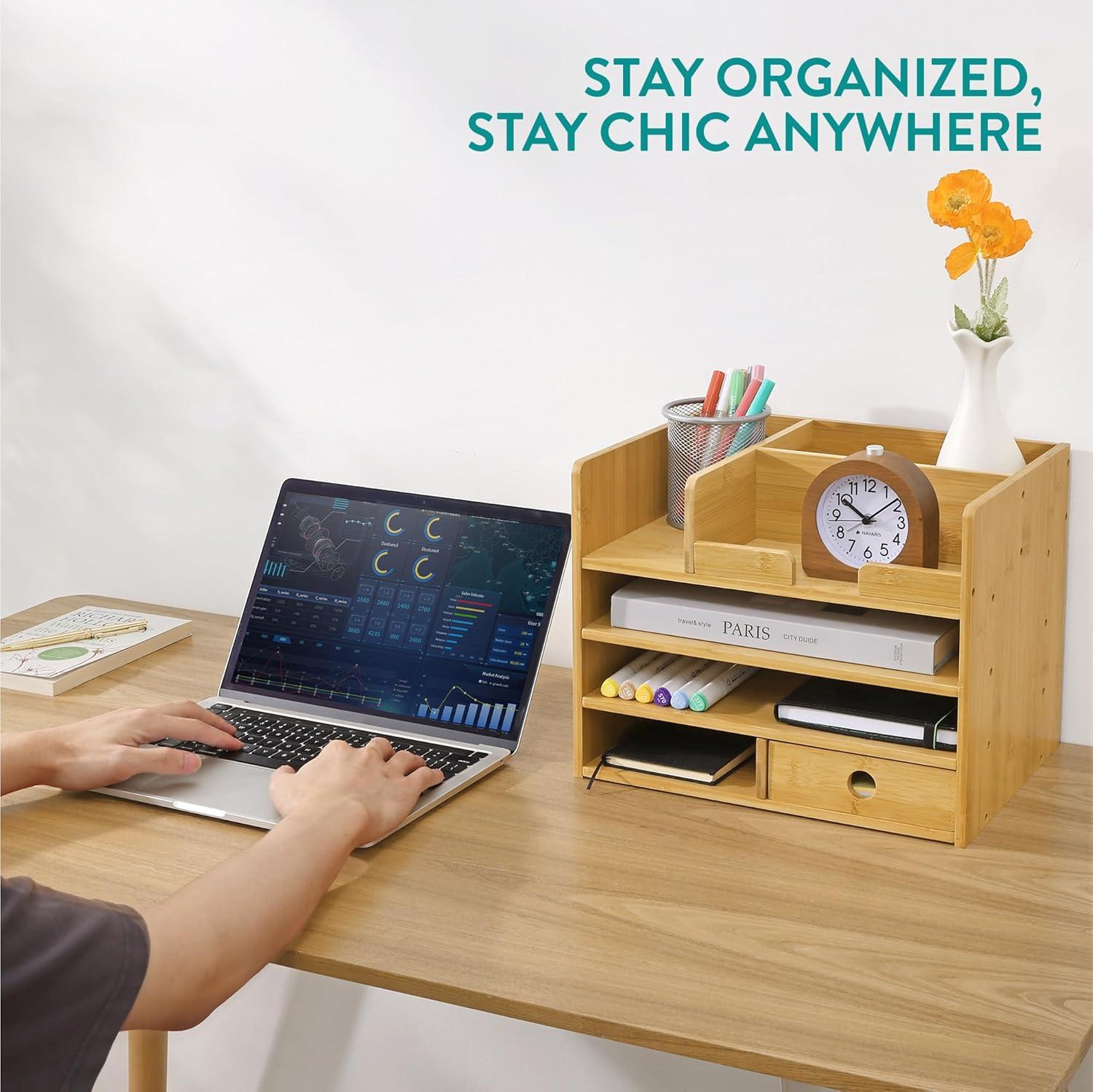 Navaris Bamboo Desk Organizer - Wood Desktop Storage Drawers and Compartments for Organizing Stationery, Documents, Files, Office Accessories