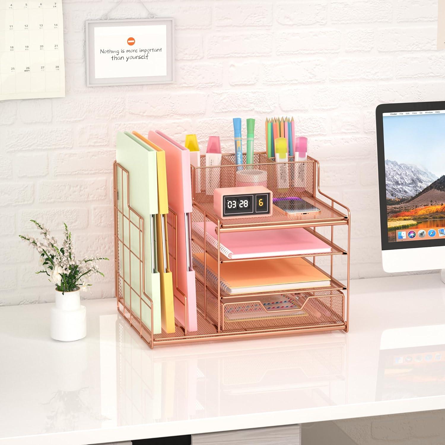 Desk Organizers and Desk Accessories - Rose Gold Desk Organizer with File Sorters, File Organizer with Drawer, Desk Accessories & Workspace Organizers for School Office Supplies