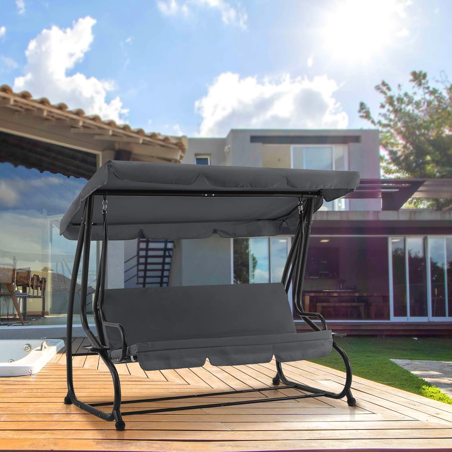 MCombo 3 Seat Patio Swing Chair, Outdoor Swing with Adjustable Canopy, Porch Swing