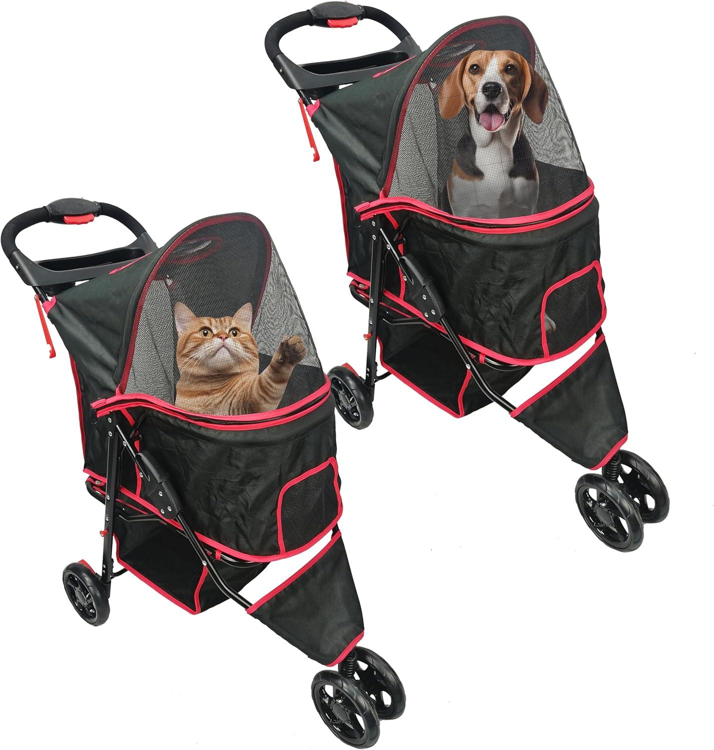 Black and Red Foldable Pet Stroller with Mesh Cover