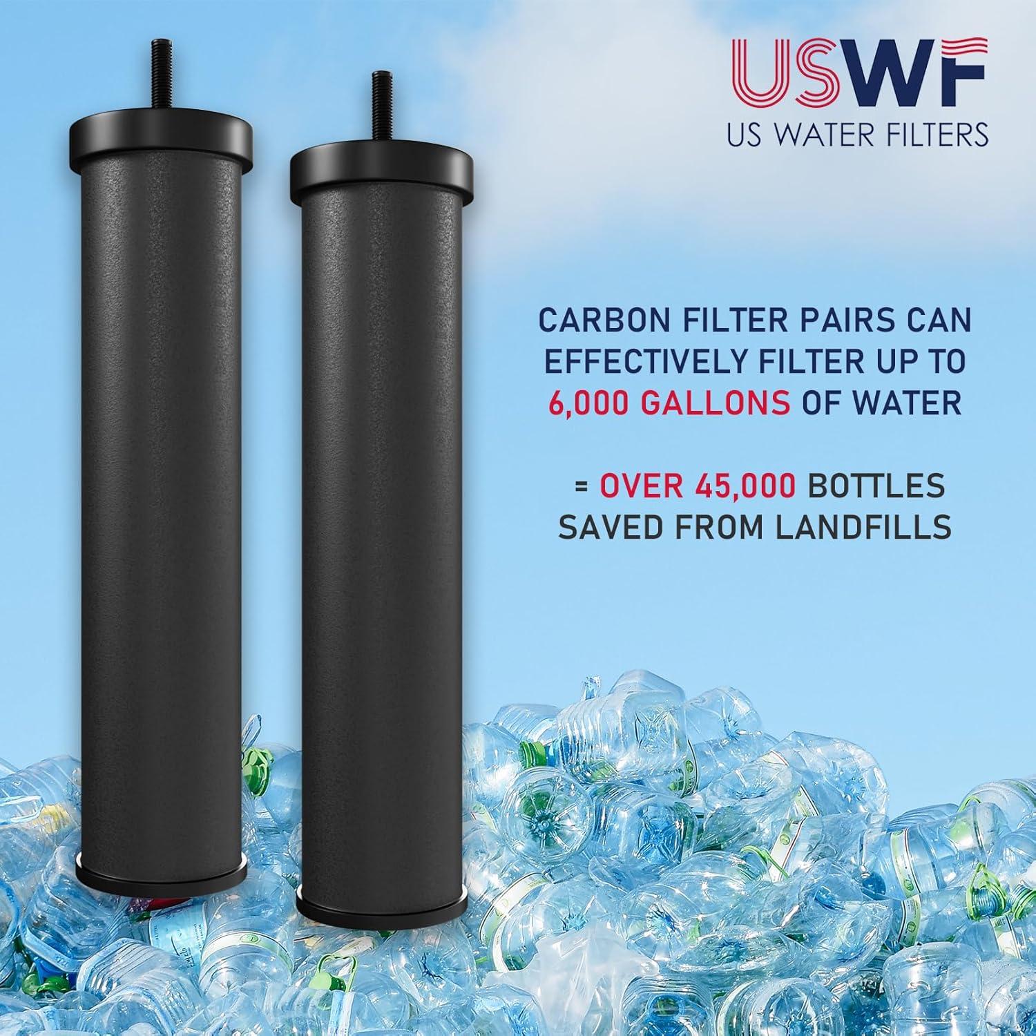 USWF Gravity Fed Water Filter System, 2.25 Gal Stainless Steel, w/ 2 Carbon Filters, Portable w/Metal Sight Glass Spigot & Stand, NSF/ANSI 372 Certified