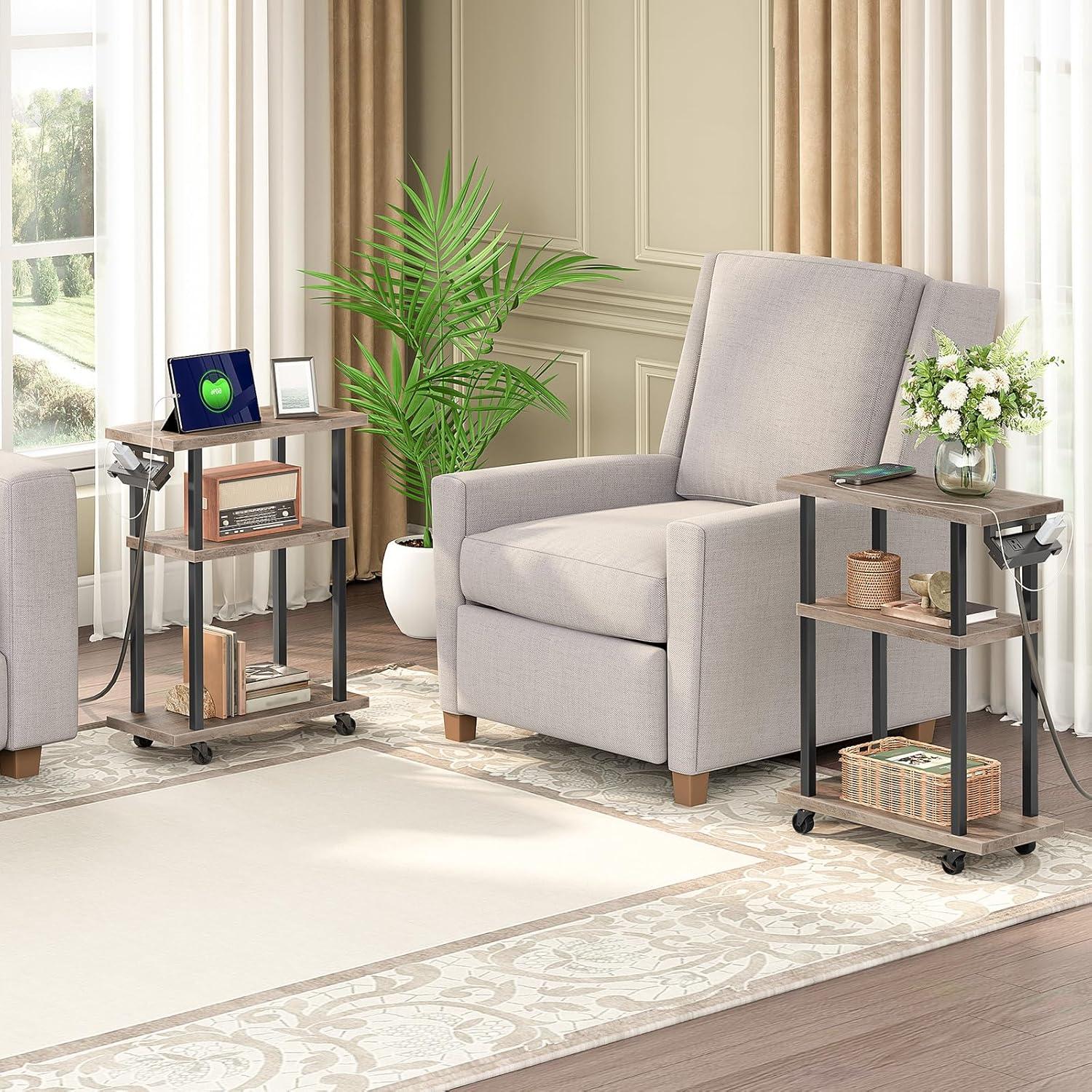 HOOBRO Small Narrow Side Table with Charging Station, Skinny End Table for Small Spaces, Slim Nightstand with USB Ports and Outlet, Sofa Beside Table on Wheels for Living Room BF122UBZ01