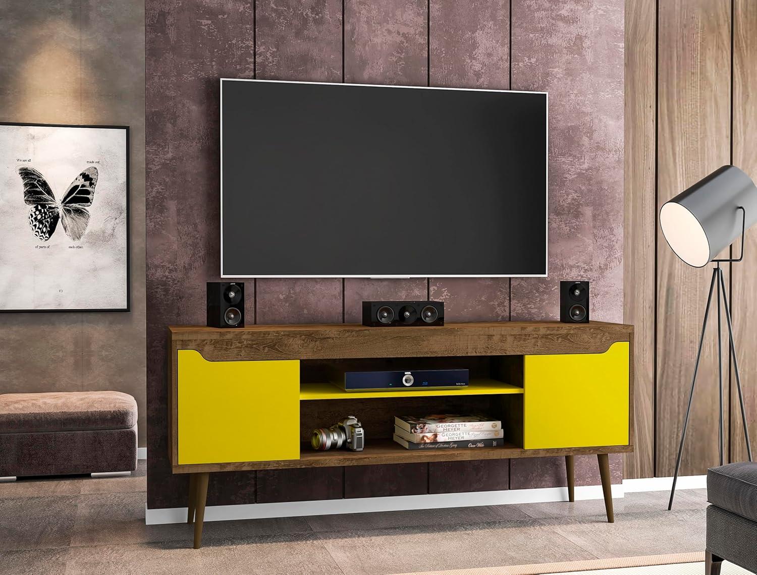 Manhattan Comfort Bradley TV Stand for TVs up to 60" Rustic Brown/Yellow: Mid-Century Modern Media Console with Open Shelves