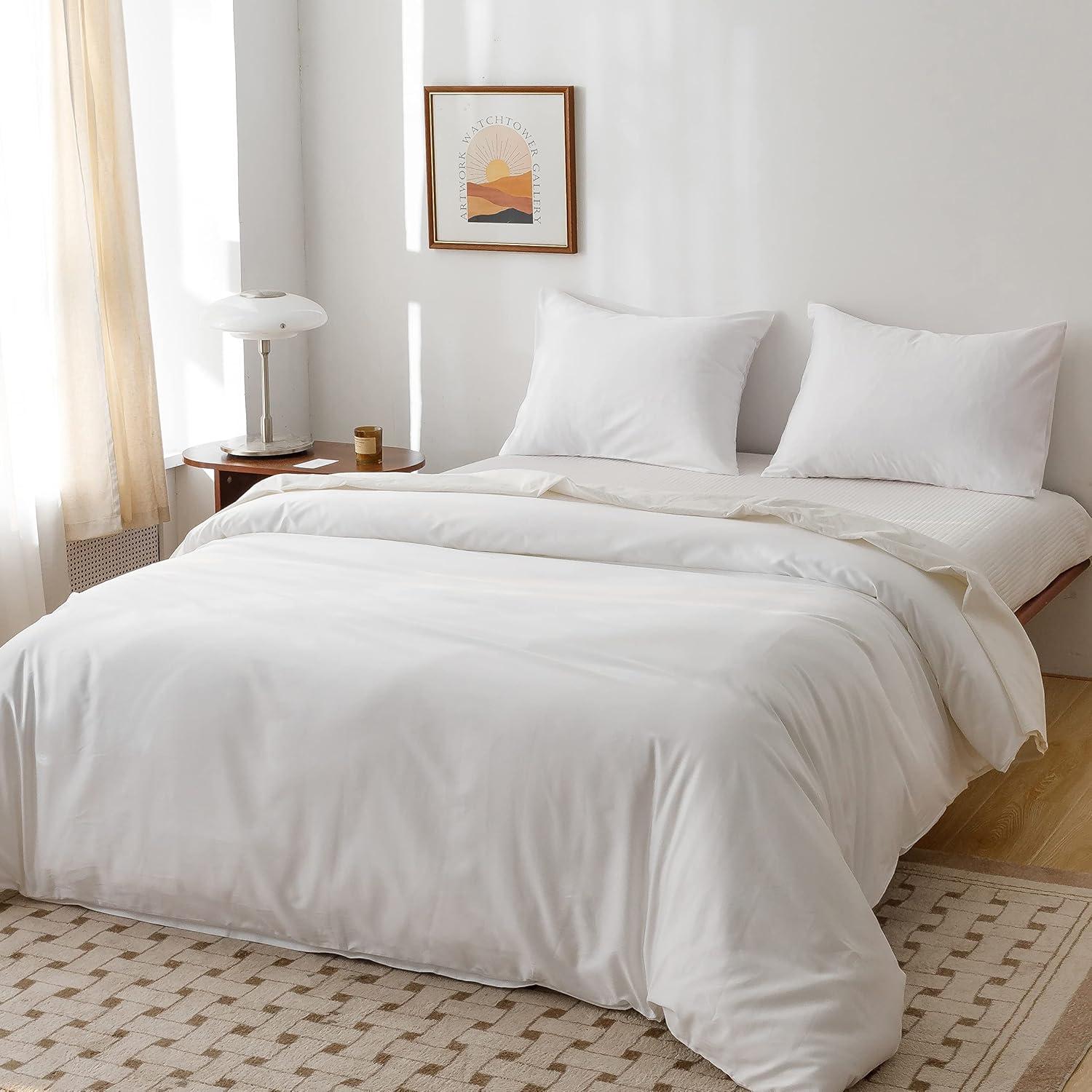 HeimenAogo Egyptian Cotton Duvet Cover Queen Size Sateen Weave, Silky Soft and Breathable Bedding Set with Zipper Closure, Long Staple Cotton Bed Linen Pure White 3Pcs (90"×90")