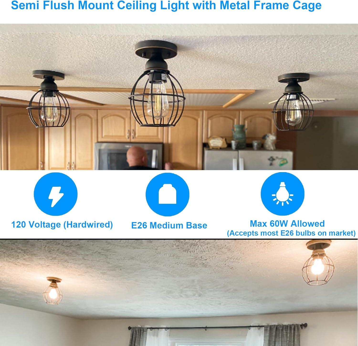 Bronze Metal Cage Semi Flush Mount Ceiling Light