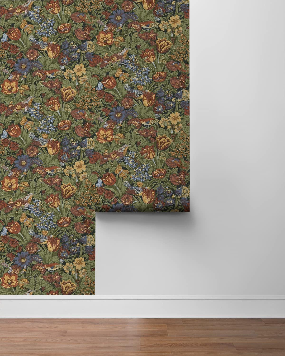 NextWall Russet and Riverside Bird Floral Peel and Stick Wallpaper