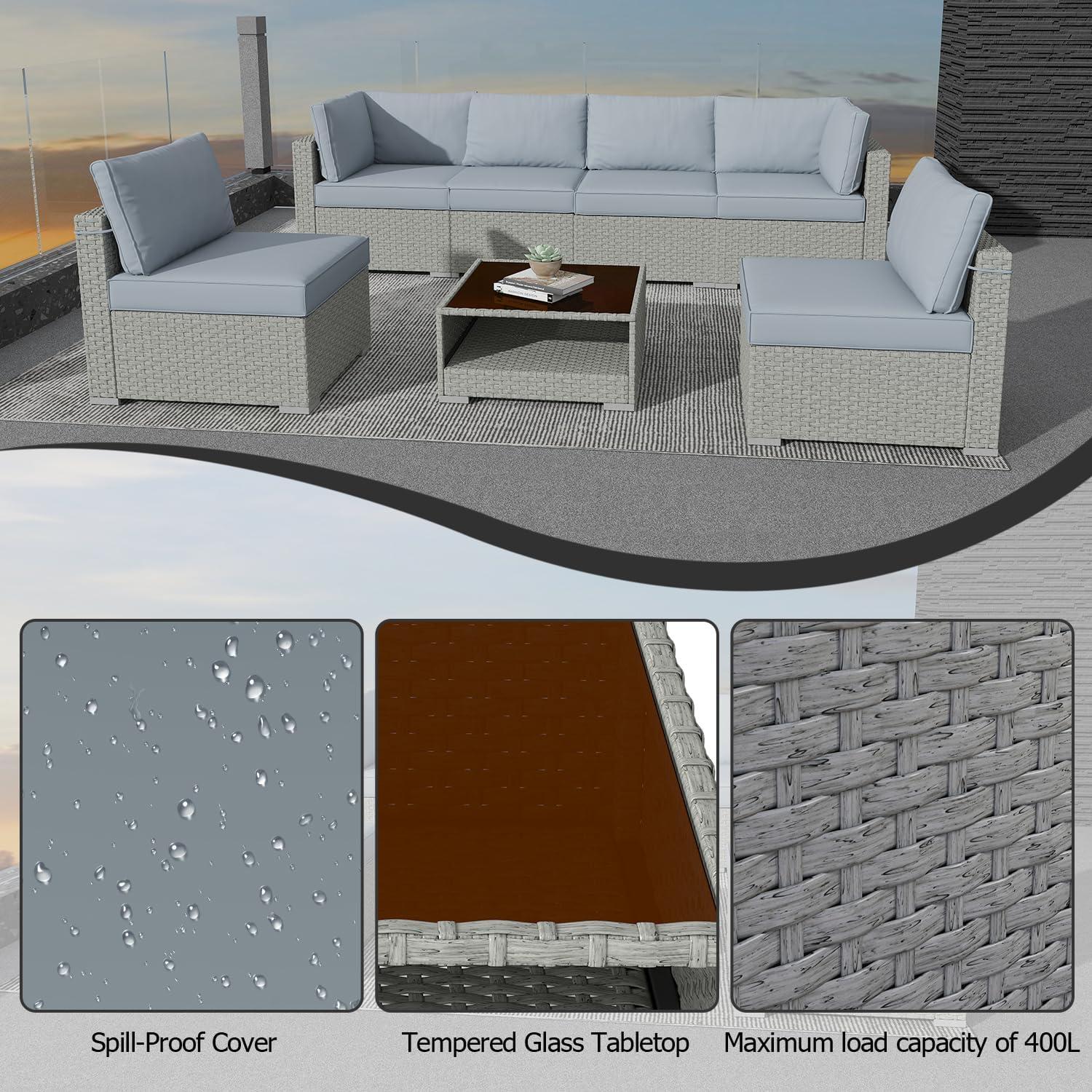 Aug-guan 7-Piece Patio Furniture Set, All-Weather Boho Outdoor Conversation Set Sectional Sofa with Water Resistant Grey Thick Cushions and Storage Table for Yard,Lawn,Grey