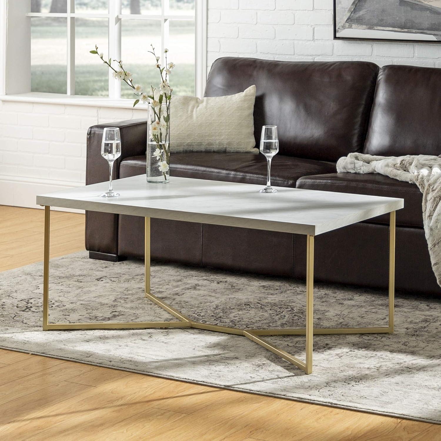 Elegant White Faux Marble and Gold Metal Rectangular Coffee Table