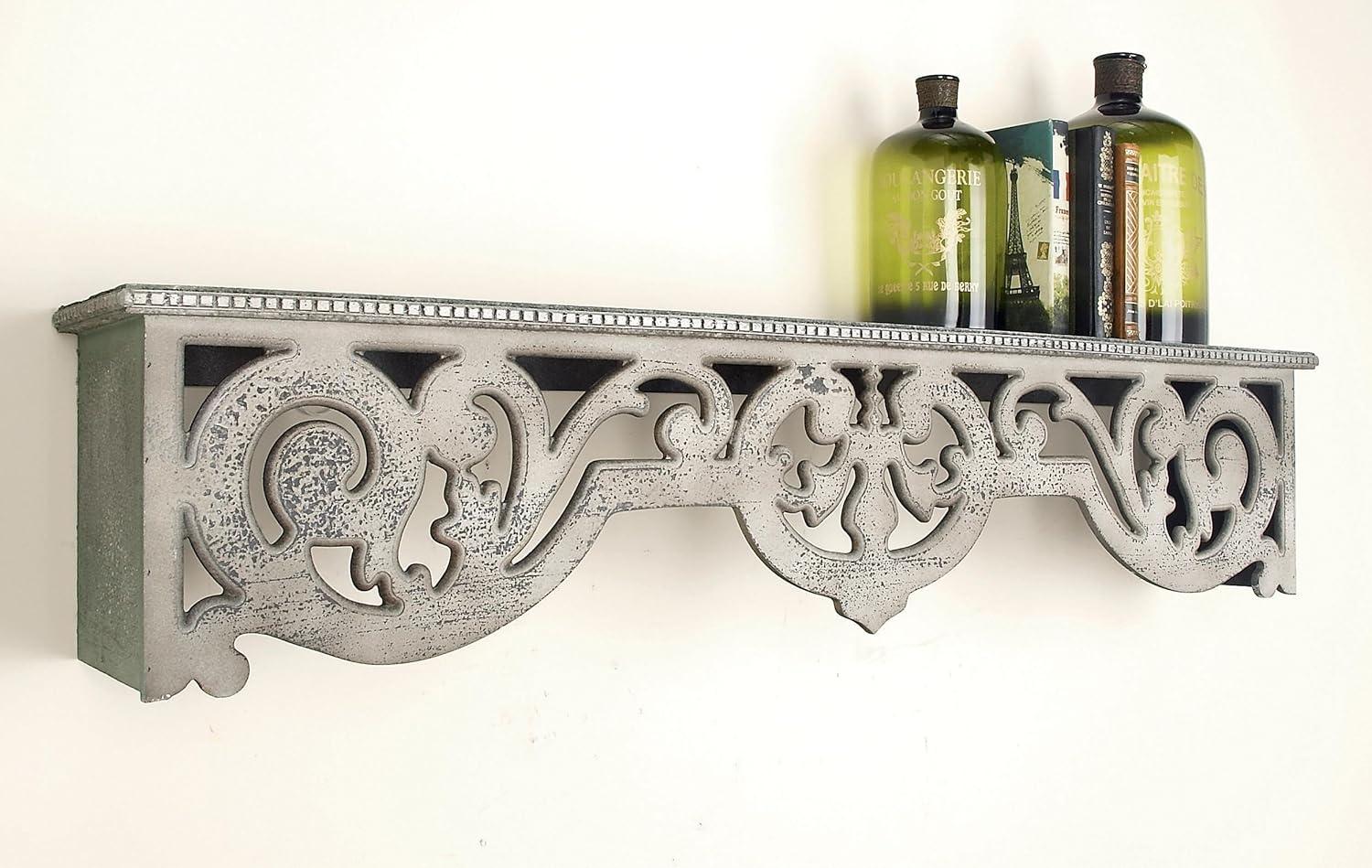 DecMode 48" x 8" 1-Tier Beige Scroll Wall Shelf with Gray Distressing