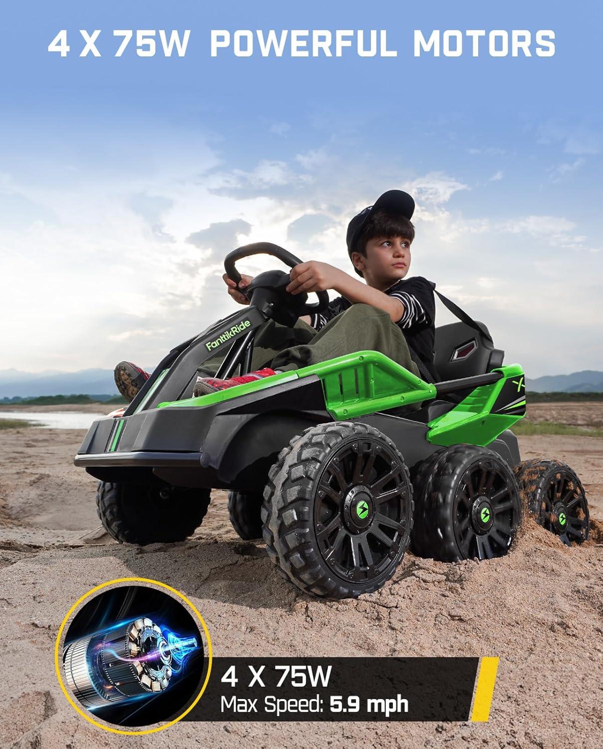 FanttikRide 24V Ride on Toys for Big Kids, 6 Eva Wheels UTV, 4x75W 5.9MPH Powerful Electric Car, 4WD/2WD Switch, Parent Remote, 4 Shock Absorbers, Ideal Gift for Kids Ages 3+, X7 Pro Green