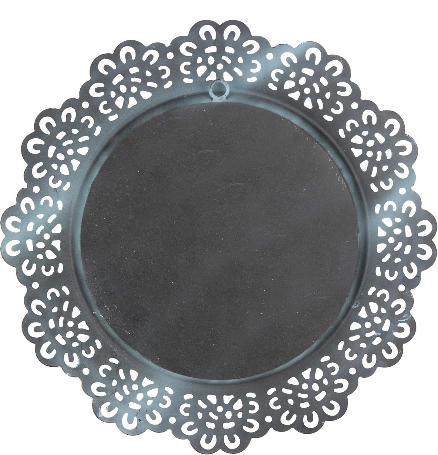 Blue Round Metal Lace Hanging Wall Mirror with Brass Highlights