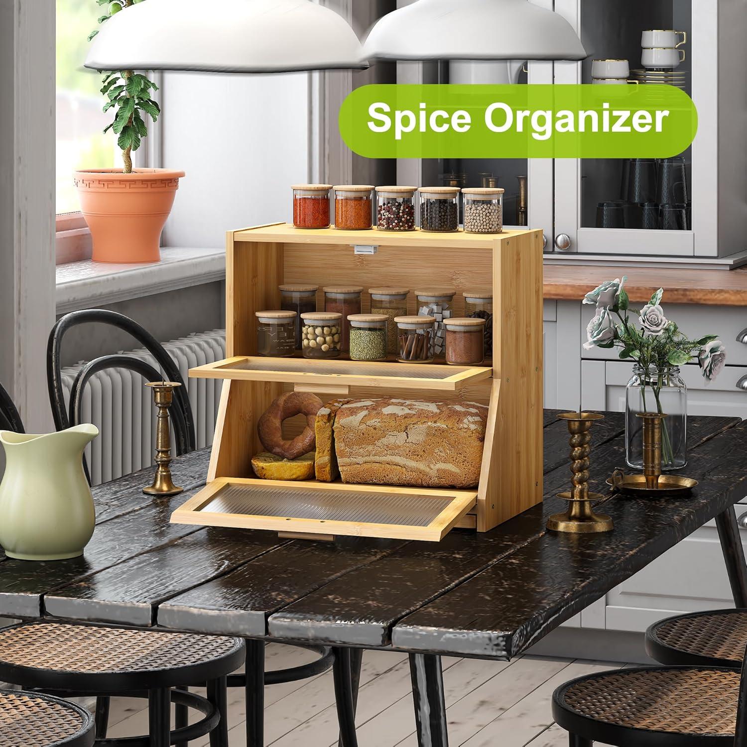 Prep & Savour Large Bread Box For Kitchen Counter, Bamboo Wooden Double Layer Large Capacity Bread Storage Bin With Acrylic Wavy Door Panel (Natural + Cutting Board)