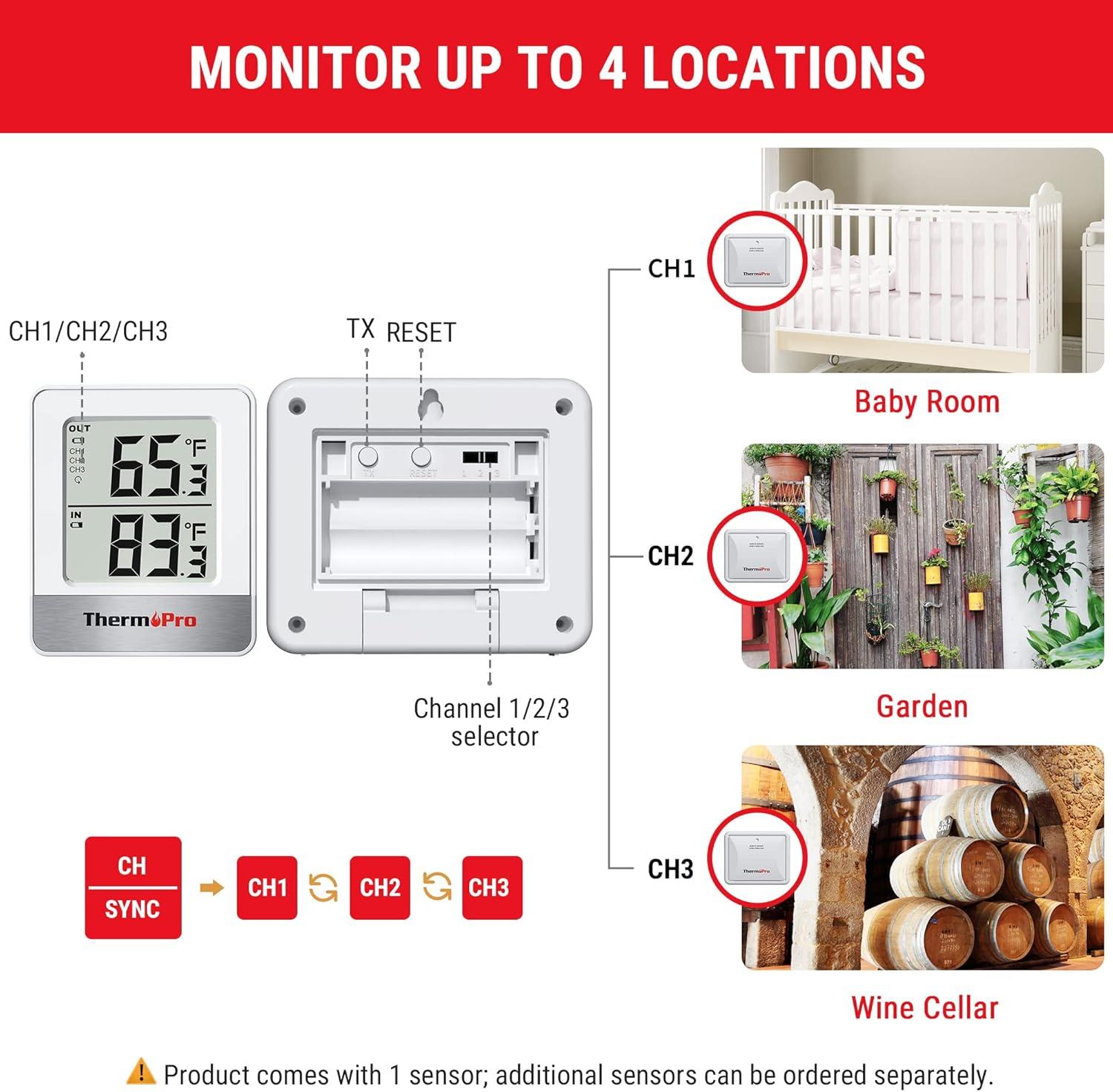 ThermoPro TP200BW Wireless Indoor Outdoor Thermometer with Temperature Sensor Up to 500FT, Outdoor Thermometers