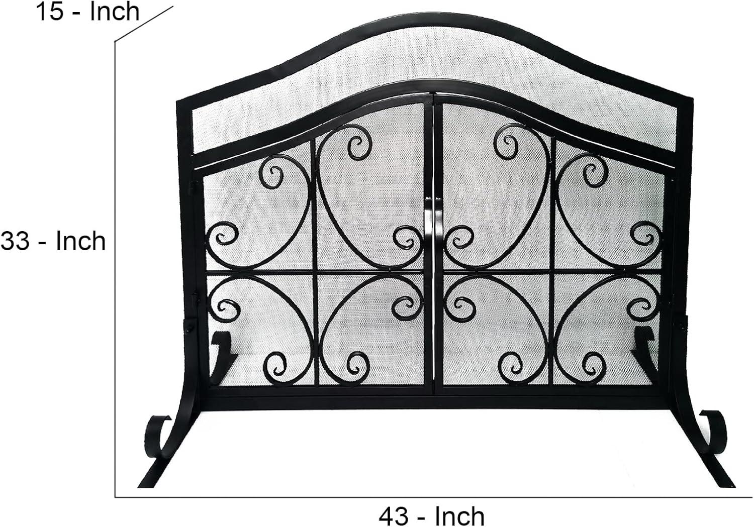 The Urban Port UPT-232048 43 in. Mesh Design Scrollwork 2 Door Iron Fireplace Screen, Black