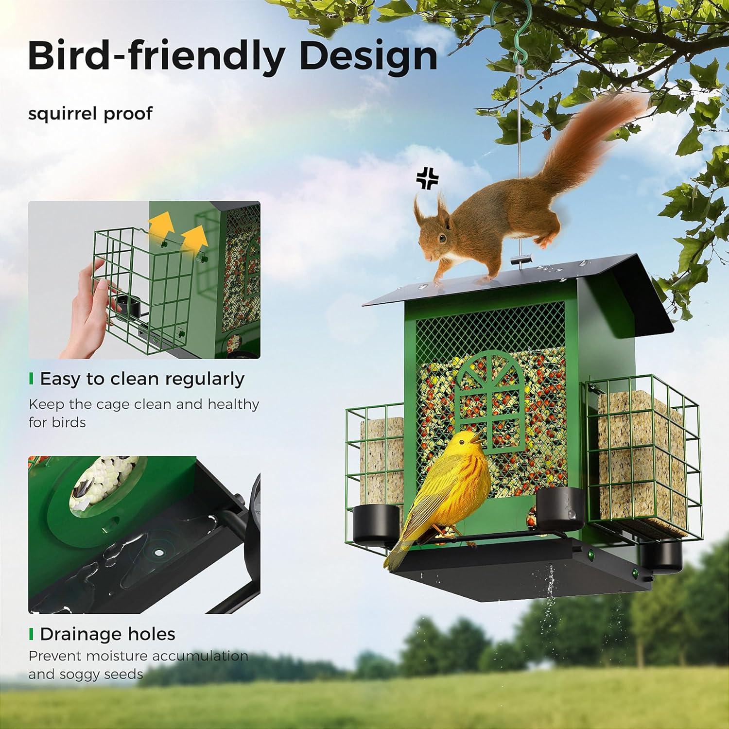 PerchMe®Bird Feeders for Outdoors Hanging, Metal Bird House Feeder with 2 Suet Cage and 4 Water Cups,Large Capacity,Weatherproof,Easy to Clean & Refill-Green