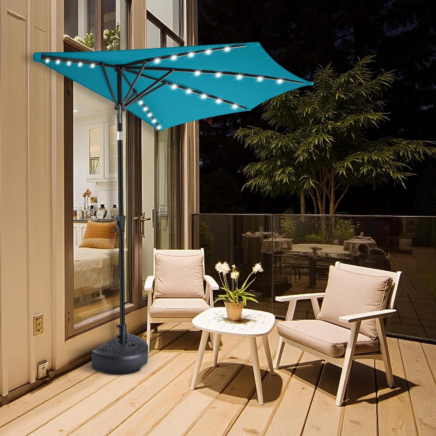 FLAME&SHADE 9 ft Half Round Solar Powered Outdoor Market Patio Table Umbrella for Wall Balcony with LED Lights and Tilt, Aqua Blue