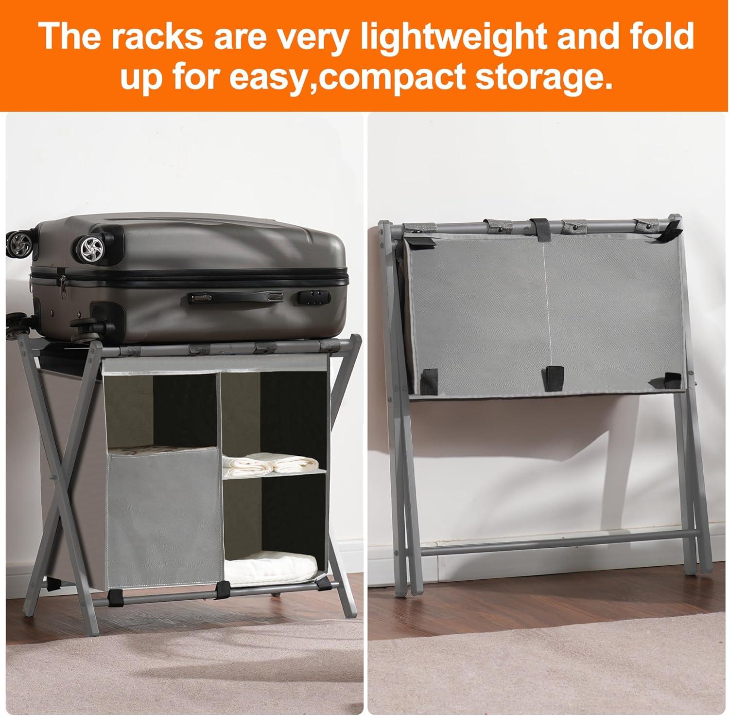 Gray Steel Folding Luggage Rack with Laundry Bag