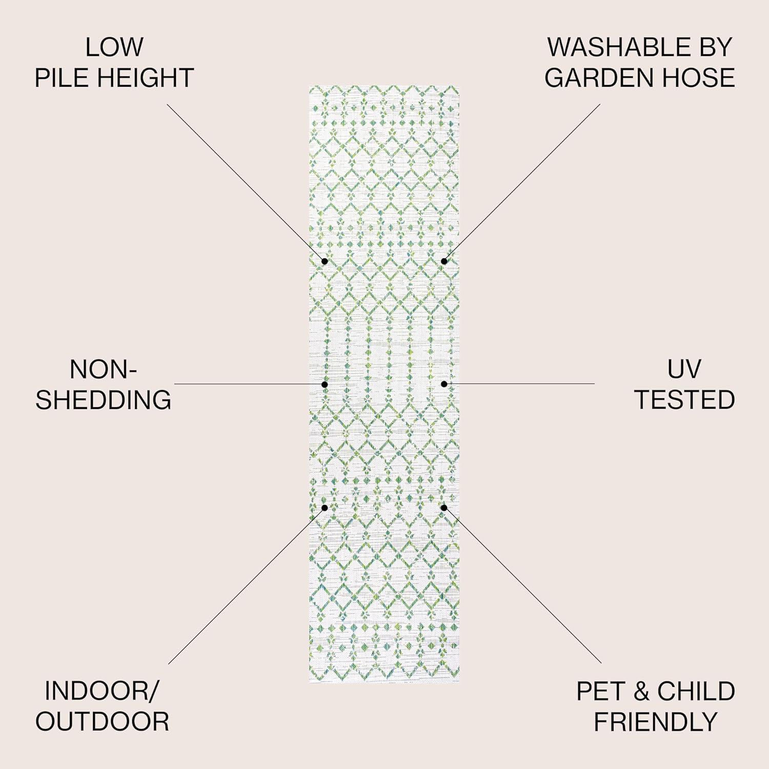 2' x 10' Ourika Moroccan Geometric Textured Weave Indoor/Outdoor Runner Rug, Green/Ivory - JONATHAN Y