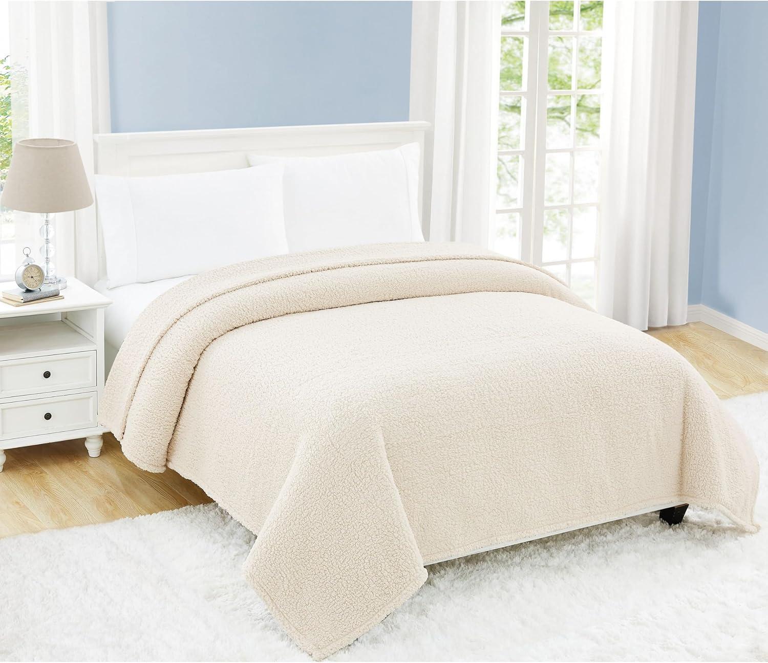 My World Full/Queen Cloud Faux Shearling Blanket Ivory: Cozy Polyester, Machine Washable, All Ages